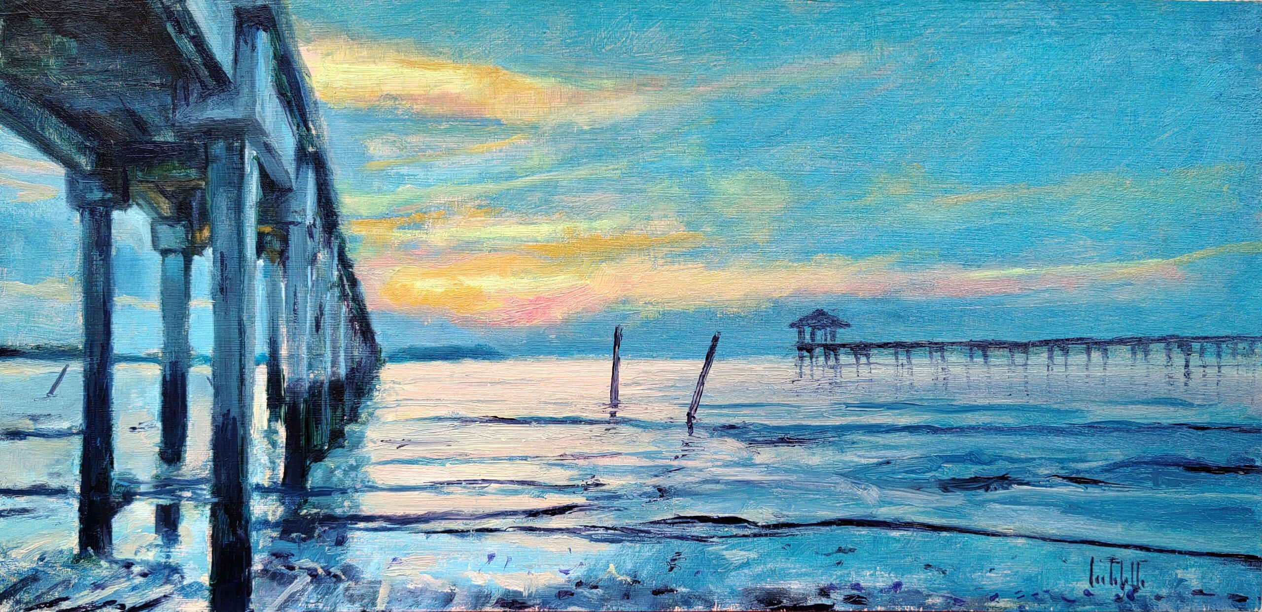 🔴 DOCKS ON SUNSET - Oil on board 40x19,5cm