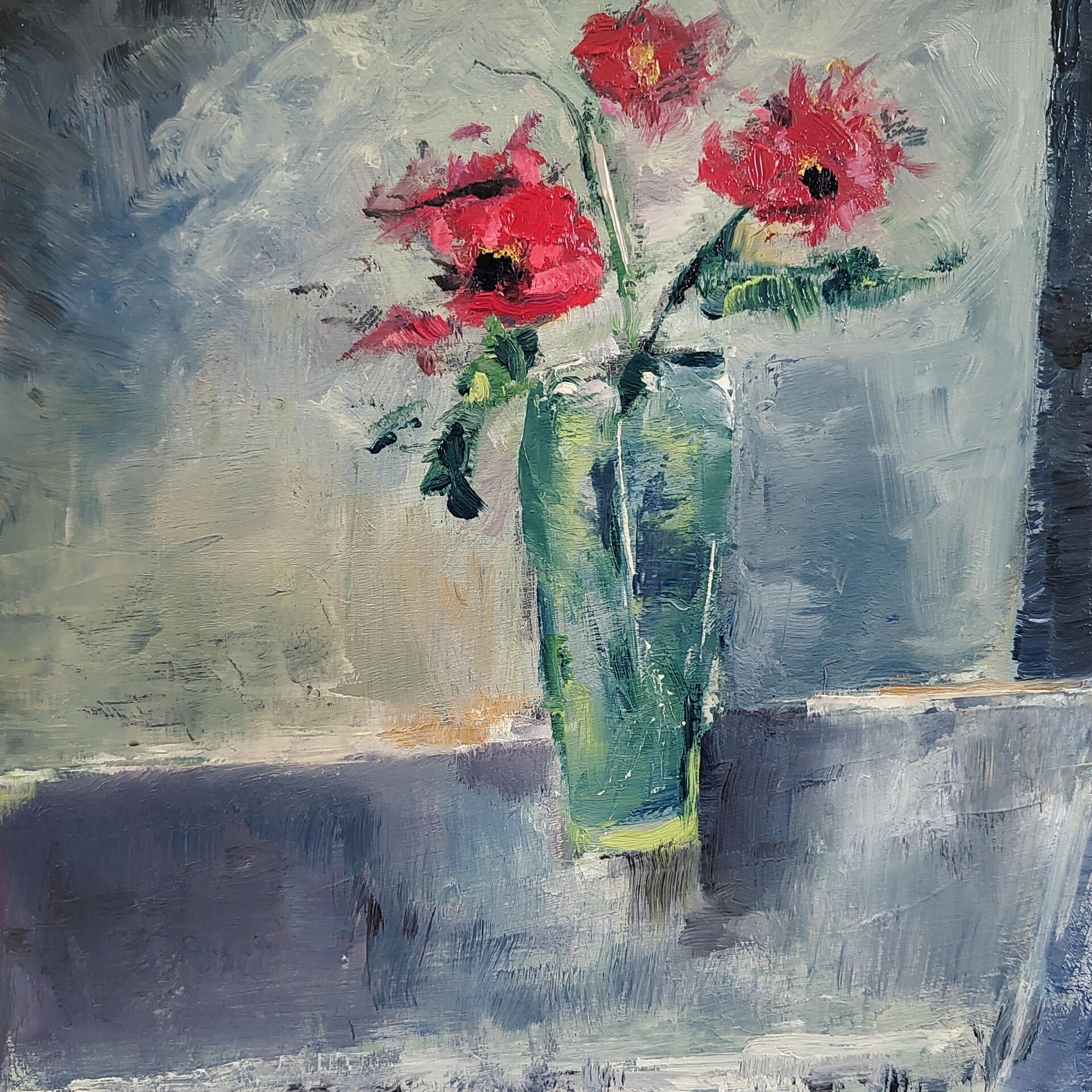 SILENCE AMONG THE FLOWERS - THREE RED SIGHS - Oil on cradle wood panel 20x20cm