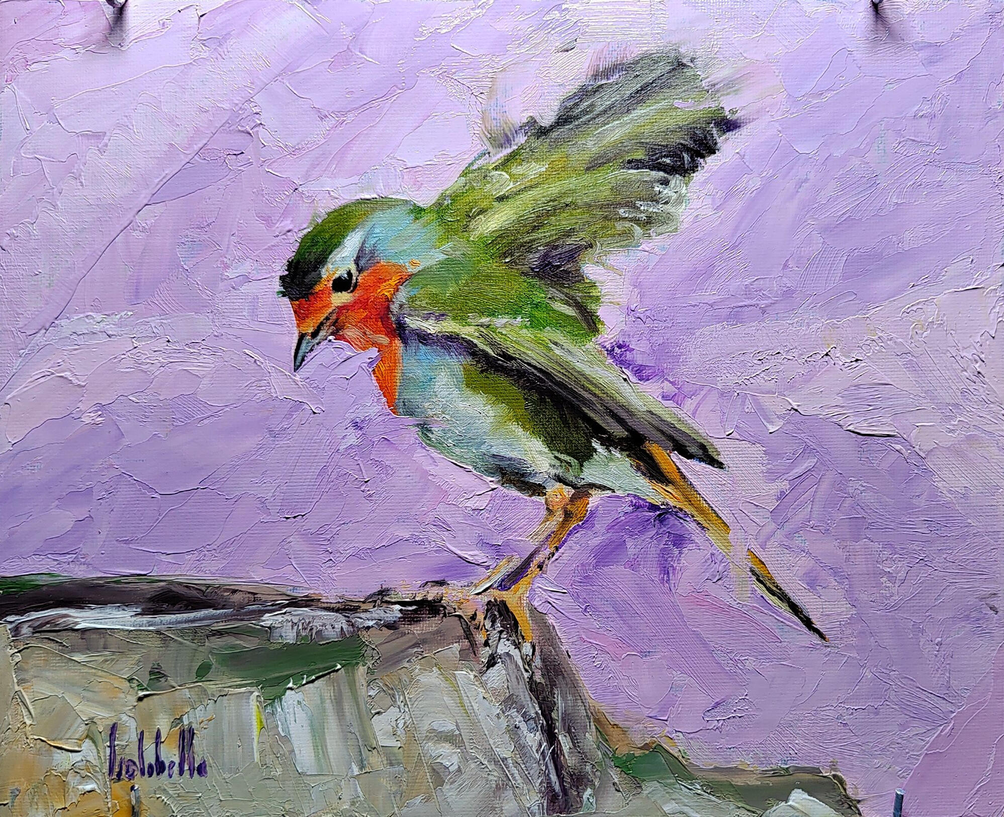 🔴 ROBIN IN THE VIOLET - 25x20 oil on canvas board