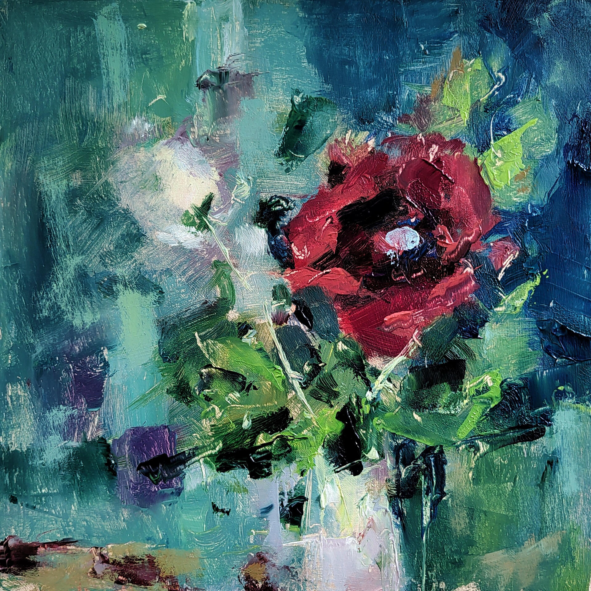 SILENCE AMONG THE FLOWERS - LAST BLOOM - Oil on cradle wood panel 20x20cm